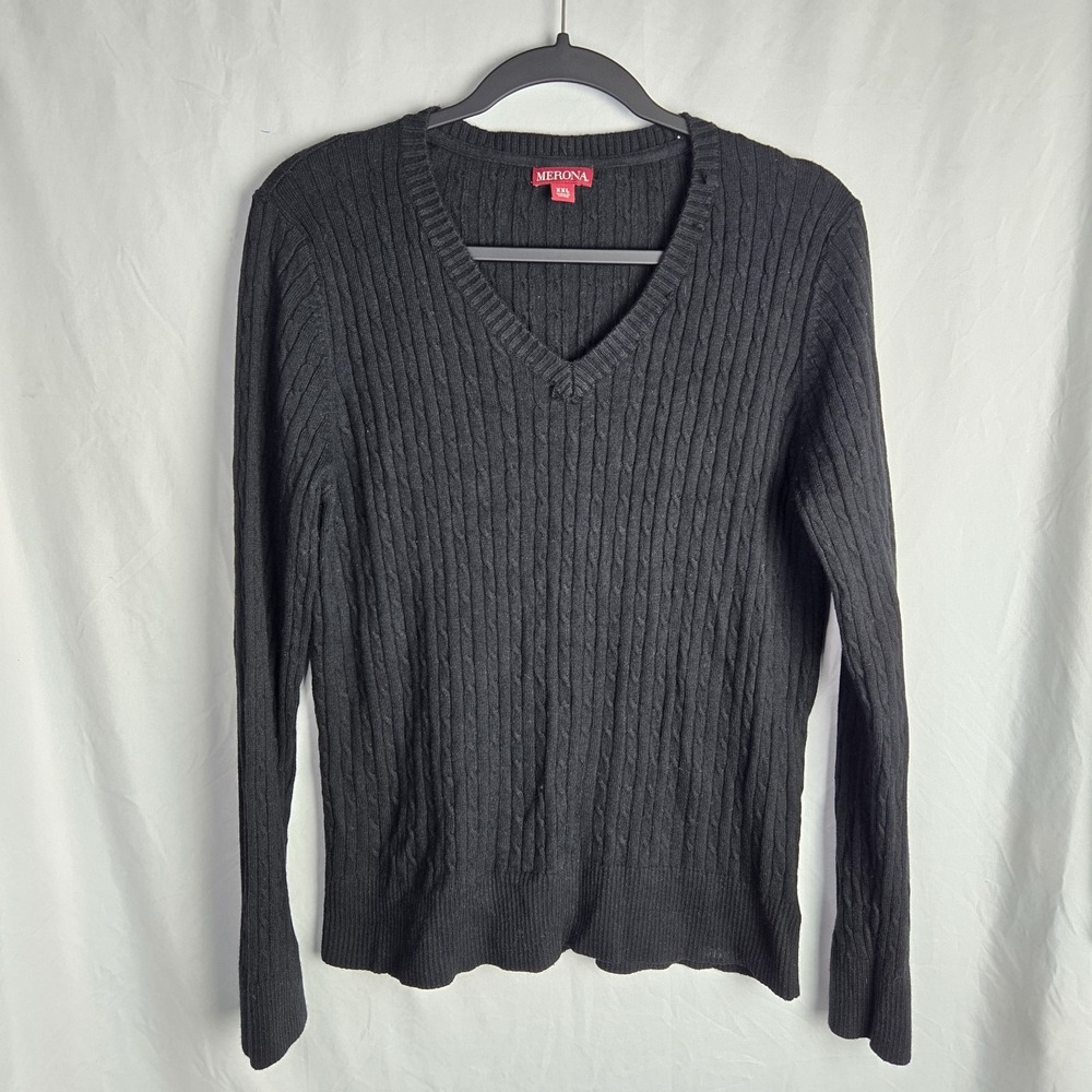 Merona Cable Knit V Neck Sweater Womens XXL Black Preppy Academia‎ School Girl